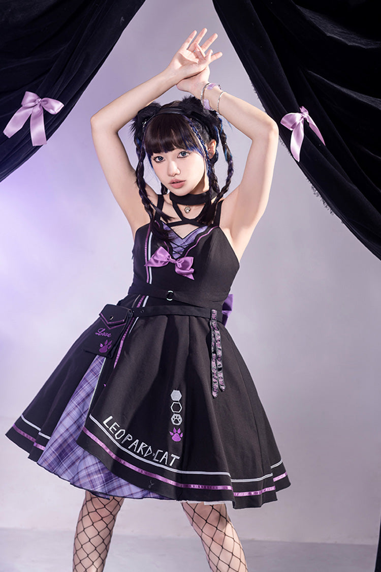 Black/Purple Cat Paw Print Bowknot Gothic Lolita Jsk Dress Set - Product - 5