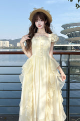 Apricot [Moonlight Beach] Square Collar Short Sleeves Ruffle Sweet Lolita Dress - Product - 4