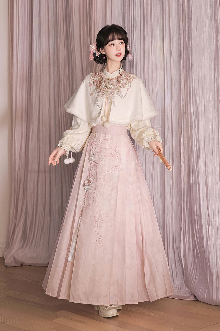Pink [Cherry Blossoms Falling] Stand Collar Long Sleeves High Waisted Jacquard Printed Women's Sweet Hanfu Dress Set - Product - 7