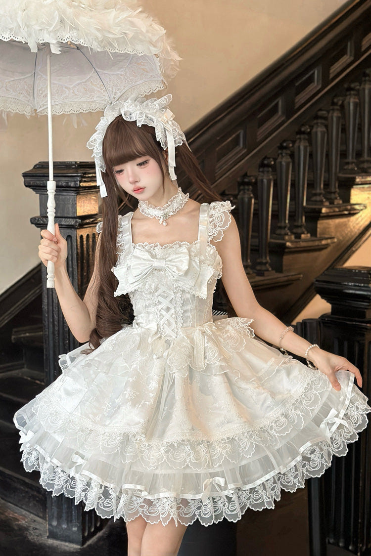 White [Fleishi Island] Sleeveless Ruffle Bowknot Lace Slim Sweet Ballet Lolita Jsk Dress - Product - 6