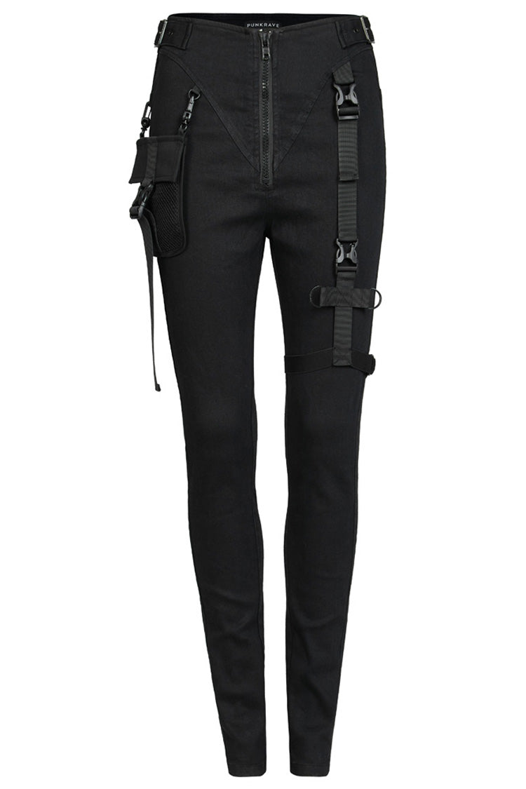 Black Functional Tooling Style Pocket Belt Trim V-Shaped Split Zipper Women's Punk Trousers - Product - 4