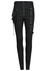 Black Functional Tooling Style Pocket Belt Trim V-Shaped Split Zipper Women's Punk Trousers - Product - 4
