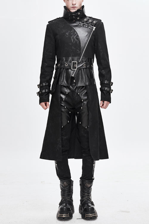 Black Open Collar Printed Belted Long Mens Punk Coat - Black - 1