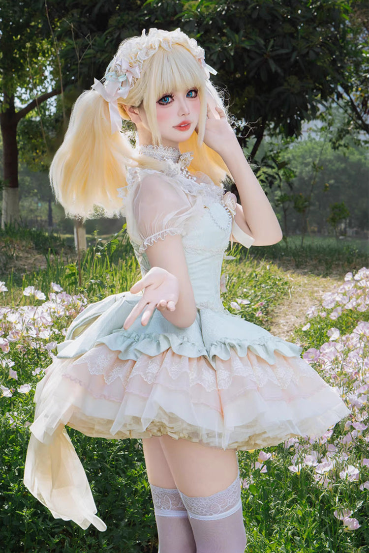 Green [Fleeting Light and Shallow Dream] Sleeveless Multi-Layered Ruffle Bowknot Lace Slim Sweet Ballet Lolita Jsk Dress - Product - 4