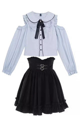Black/Blue Off Shoulder Long Sleeves Ruffle Bowknot Sweet Jirai Kei Japanese Set - Product - 3