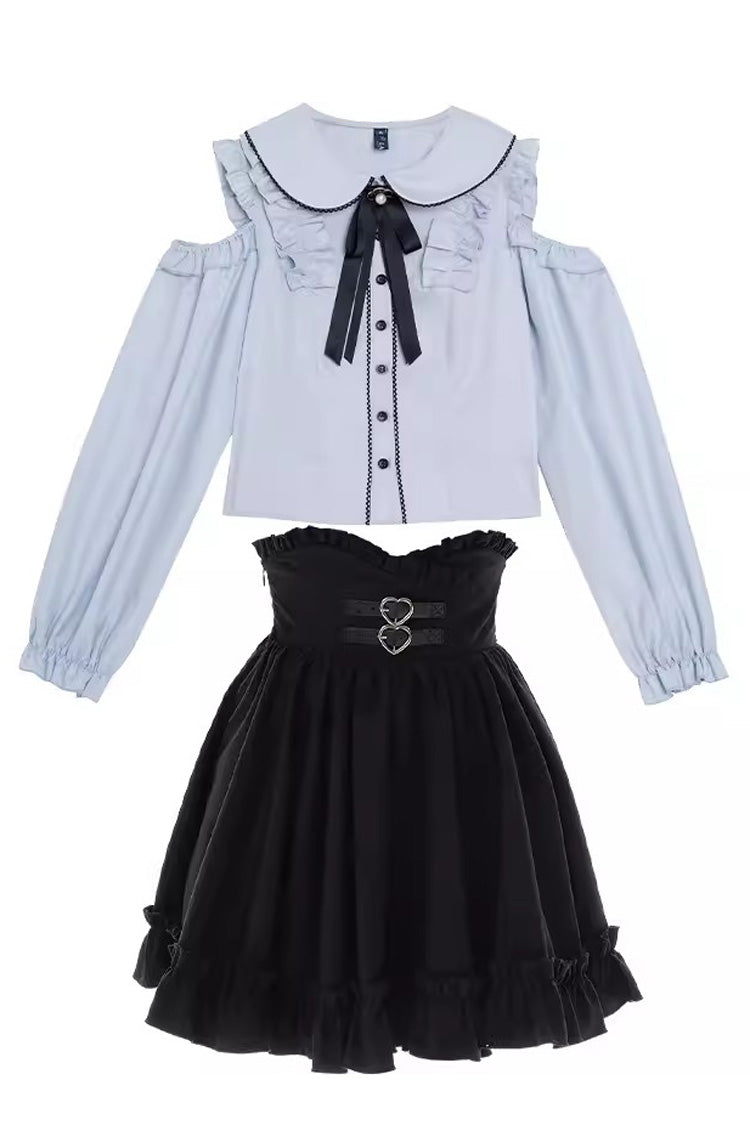 Black/Blue Off Shoulder Long Sleeves Ruffle Bowknot Sweet Jirai Kei Japanese Set - Product - 3