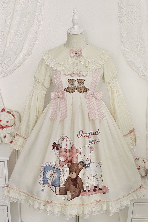 Ivory Sheep & Bear Print Alice Girl Bowknot Ruffled Sweet Lolita JSK Dress - Ivory - 1
