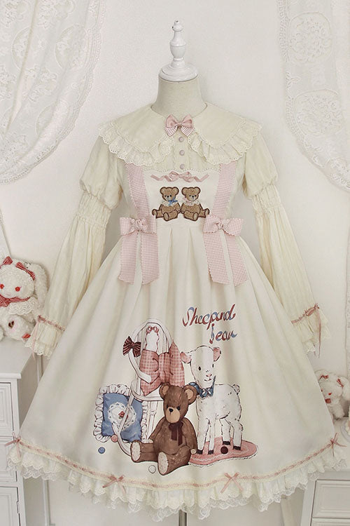 Ivory Sheep & Bear Print Alice Girl Bowknot Ruffled Sweet Lolita JSK Dress - Ivory - 1