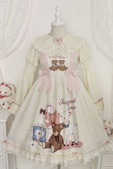 Ivory Sheep & Bear Print Alice Girl Bowknot Ruffled Sweet Lolita JSK Dress - Ivory - 1
