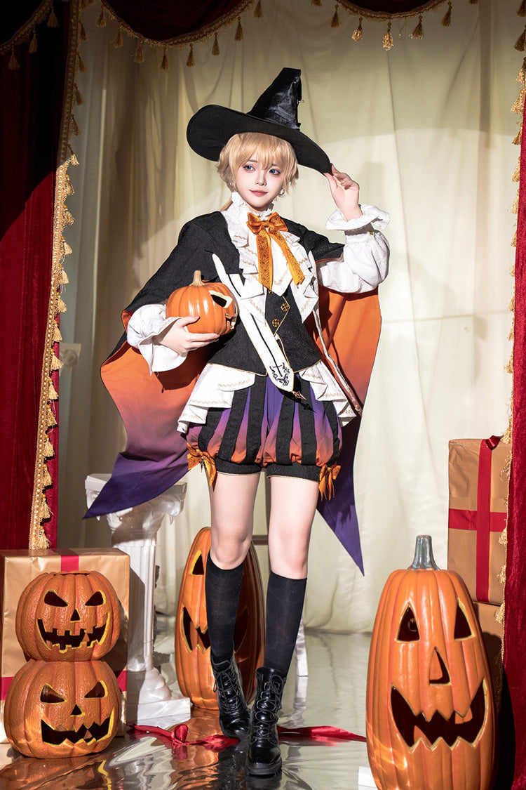 Black/Brown [Little Devil] Stand Collar Long Sleeves Gradient Print Ruffle Bowknot Gothic Prince Ouji Lolita Set - Product - 5