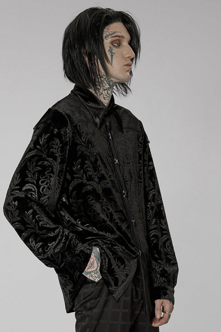 Black Stand Collar Floral Print Stitching Mens Gothic Blouse - Product - 2