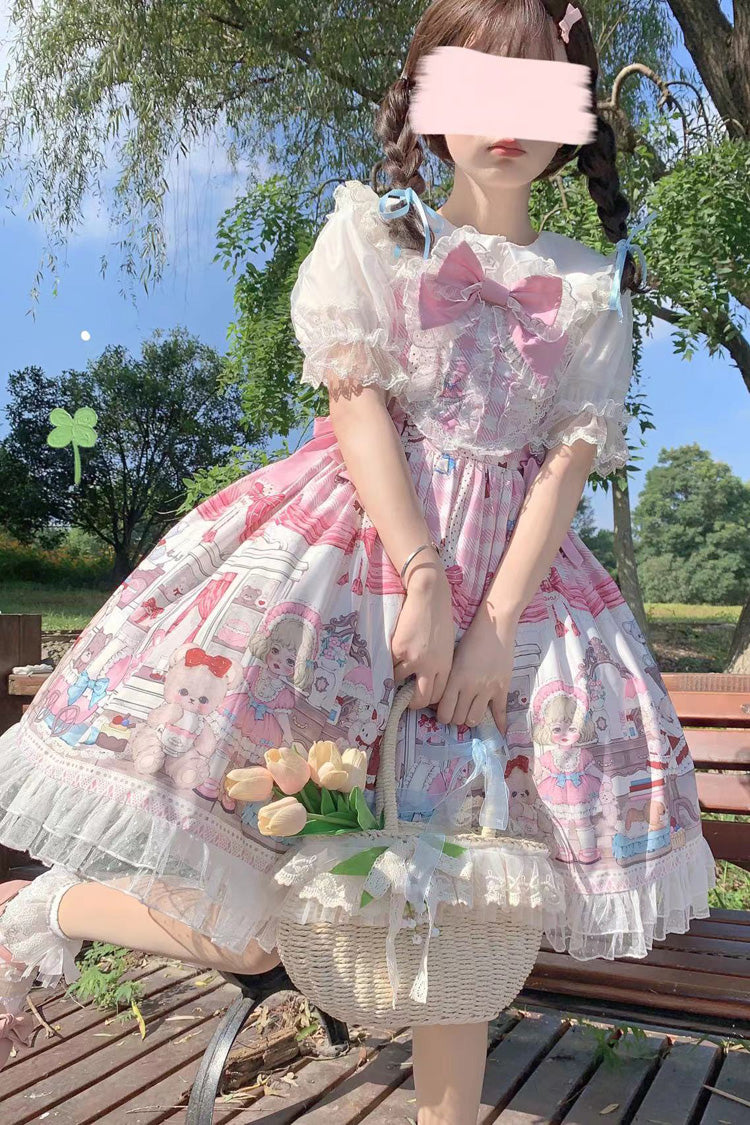 Pink Plush Bear and Doll Print Ruffle Bowknot Lace Sweet Lolita Jsk Dress - Product - 3