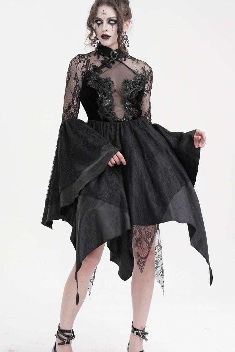 Black Long Sleeves Embroidery Lace Lace-Up Irregular Sheer Mesh Women's Gothic Dress - Product - 2