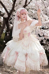 White [Mist and Tulle] Square Collar Multi-Layered Ruffled Hanayome Bow Lace Sweet Princess Gorgeous Lolita Dress - White - 1