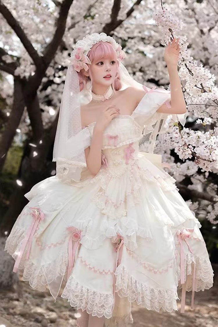 White [Mist and Tulle] Square Collar Multi-Layered Ruffled Hanayome Bow Lace Sweet Princess Gorgeous Lolita Dress - White - 1