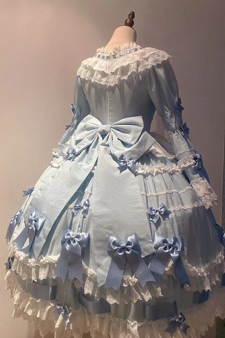 Blue Round Collar Long Trumpet Sleeves Hanayome Bowknot Lace Daily Sweet Elegant Princess Lolita Dress - Product - 3