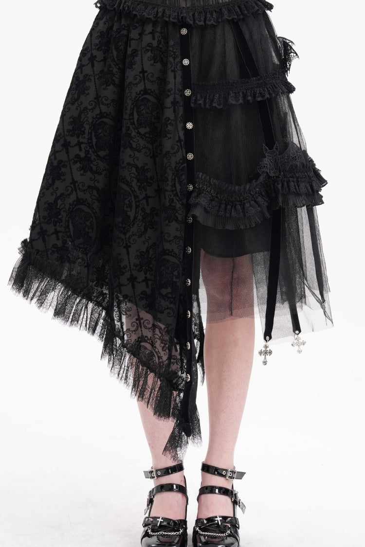 Black Jacquard Cut-Out Lace Asymmetric Pleated Women's Gothic Luxurious Skirt - Product - 10