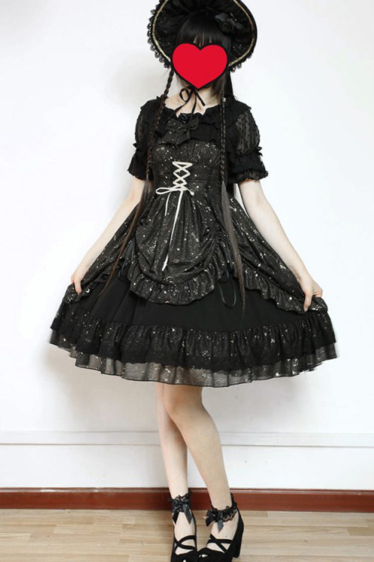 [Wishing Stars] Double-Layered Ruffle Bowknot Lace-Up Gothic Lolita Jsk Dress Version 1 - Product - 3
