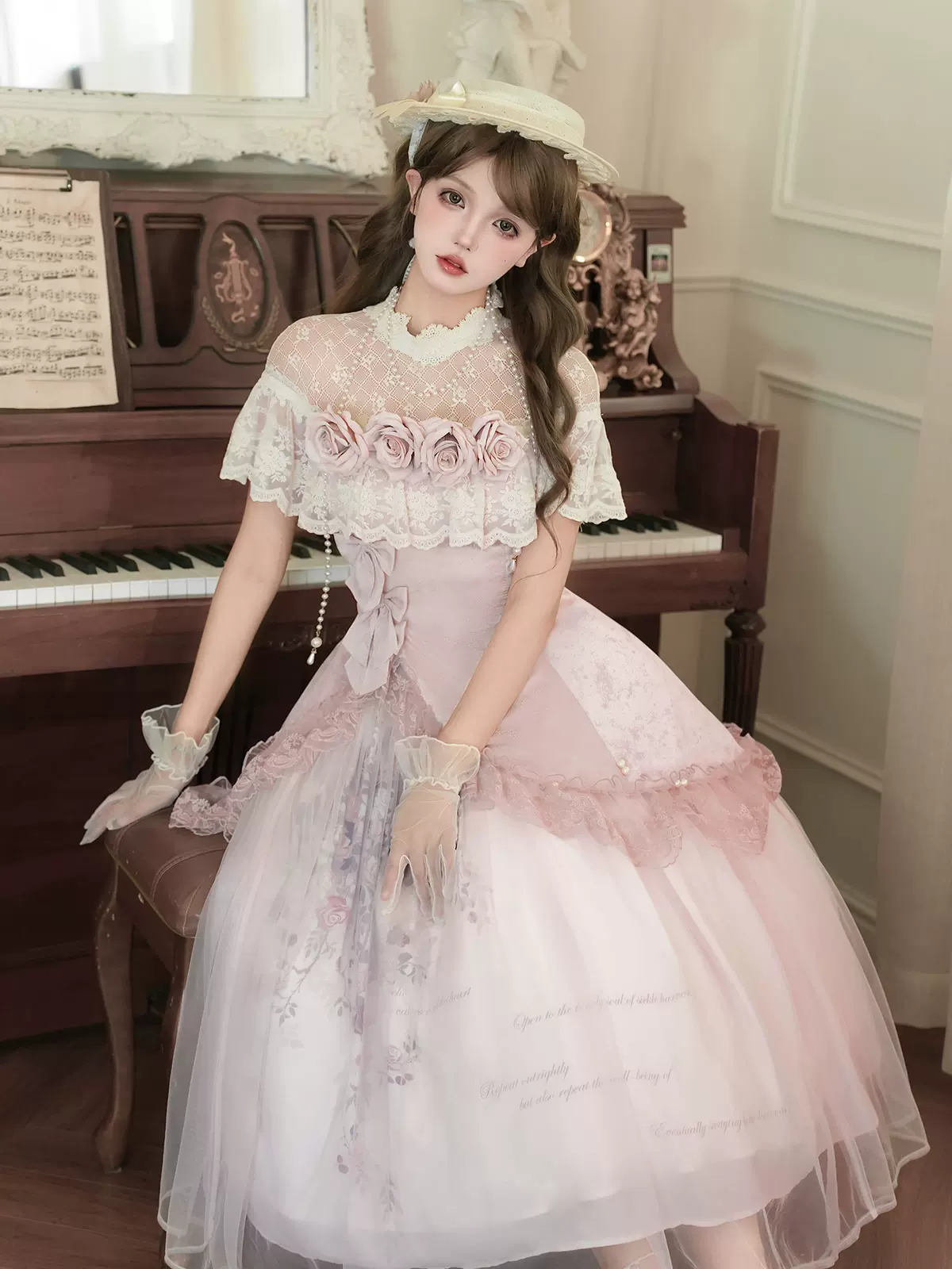 Pink Floral Mesh Lace Ruffled Rose Sweet Princess Vintage (Set) detail view 2