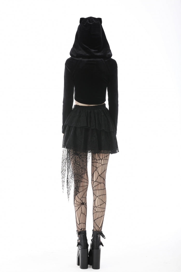 Black Long Sleeves Irregular Moon-shaped Zipper Women's Punk Crop Top with Cat's Ears Hood - Product - 4