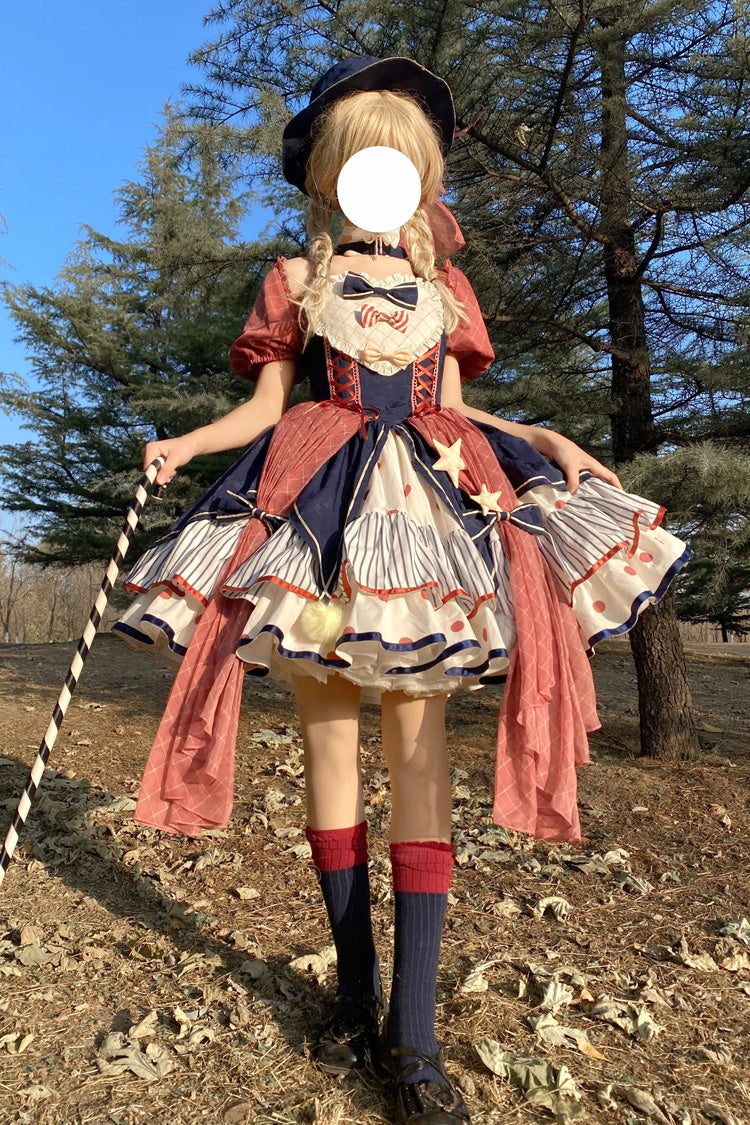 Multi-Color Circus Short Sleeves Multi-layer Print Ruffle Bowknot Sweet Lolita Dress - Multi-Color - 1