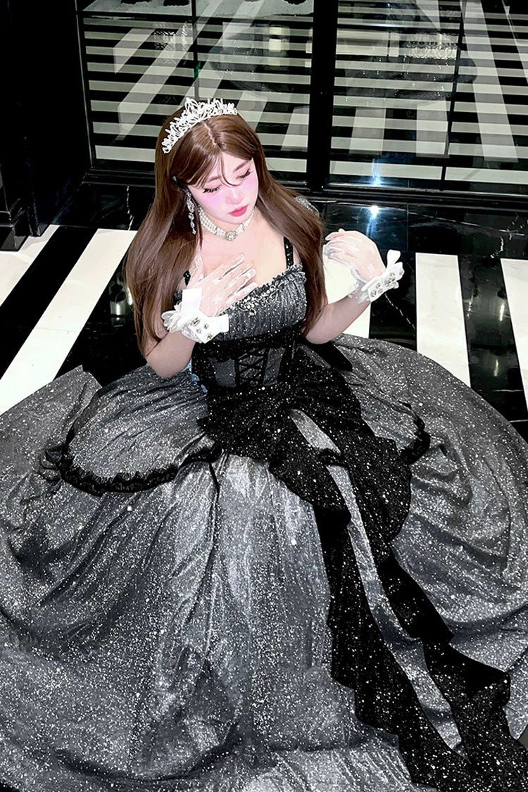 Grey [Galaxy of Fallen Tears] Sleeveless Glitter Series Ruffled Bow Asymmetric Sweet Lolita Jsk Dress - Product - 7