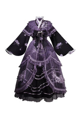 Purple [Violet Gauze Lily] Stand Collar Long Sleeves Ruffled Embroidered Bow Classic Chinese Style Elegant Gorgeous Lolita Dress Set - Product - 3