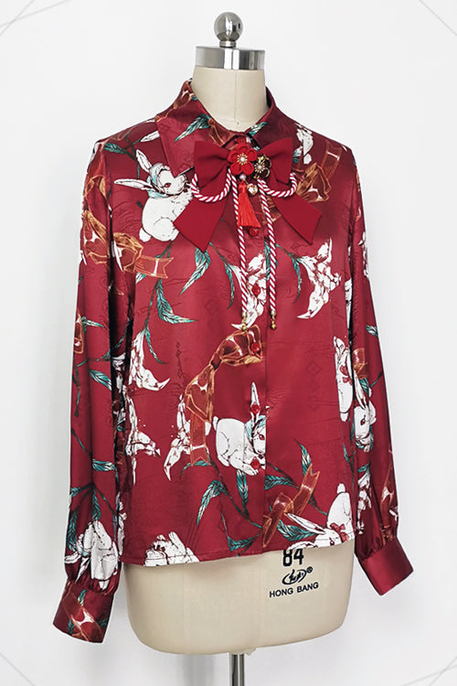 Red Original Lily Rabbit Print Lapel Collar Long Sleeves Ouji Lolita Blouse - Product - 2