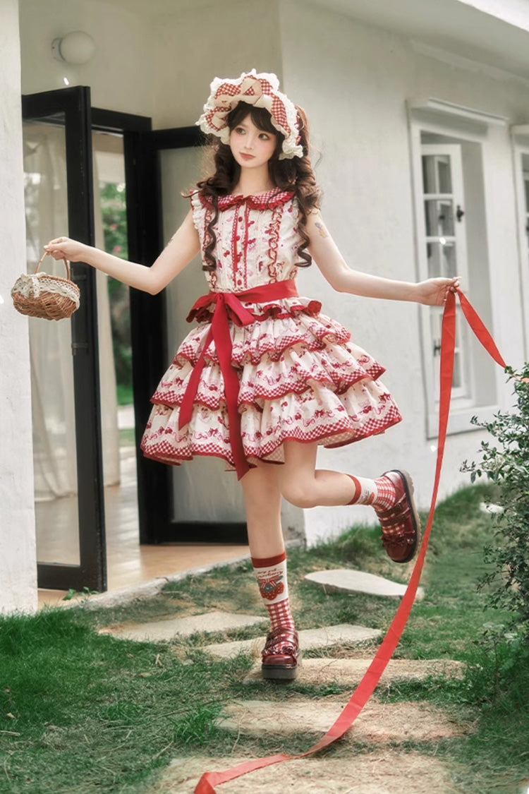 Red Triple-Layered [Cherries Are Ripe] Print Ruffle Sweet Lolita Skirt Set - Product - 6