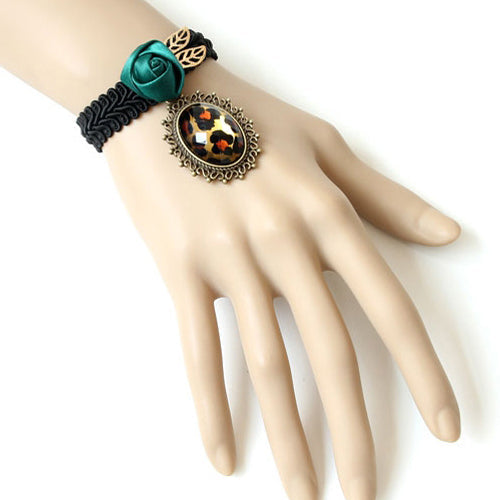 Retro Fashion Leopard Print Dark Green Rose Black Female Lolita Braided Bracelet - Black - 1