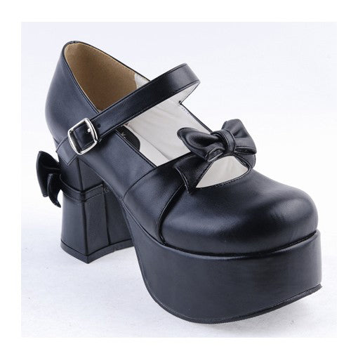 Black Round Toe Strap Bow Platform Classic Lolita Shoes - Product - 7