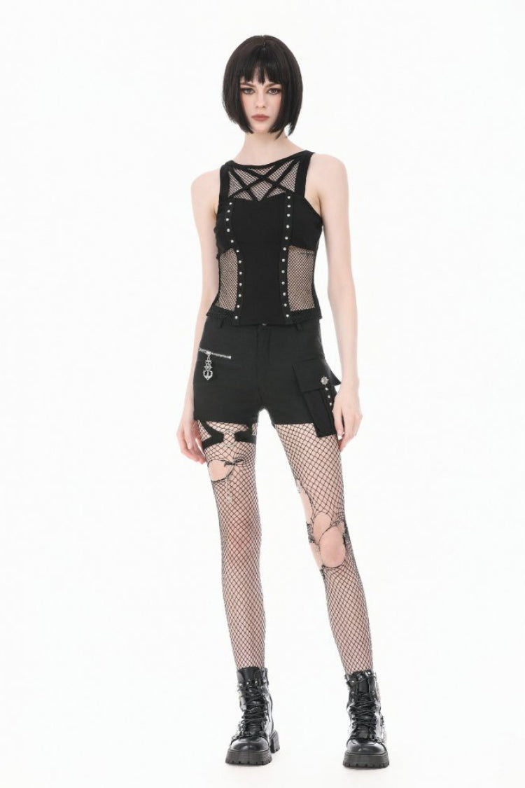 Black Women's Punk Sleeveless Studded Pentagram Sheer Mesh Splice Tank Top - Product - 9
