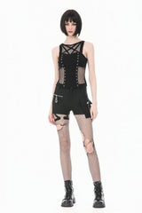 Black Women's Punk Sleeveless Studded Pentagram Sheer Mesh Splice Tank Top - Product - 9