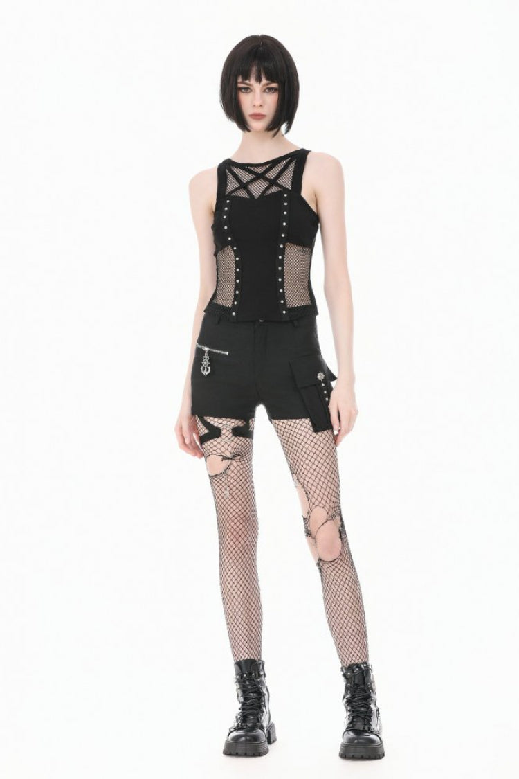 Black Women's Punk Sleeveless Studded Pentagram Sheer Mesh Splice Tank Top - Product - 9
