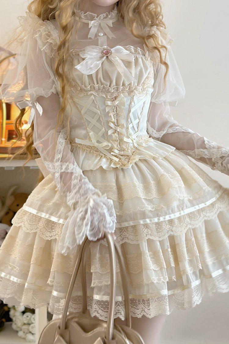 Apricot [Girl Love] Double-Layered Bowknot Lace Sweet Ballet Lolita Skirt Set - Product - 3