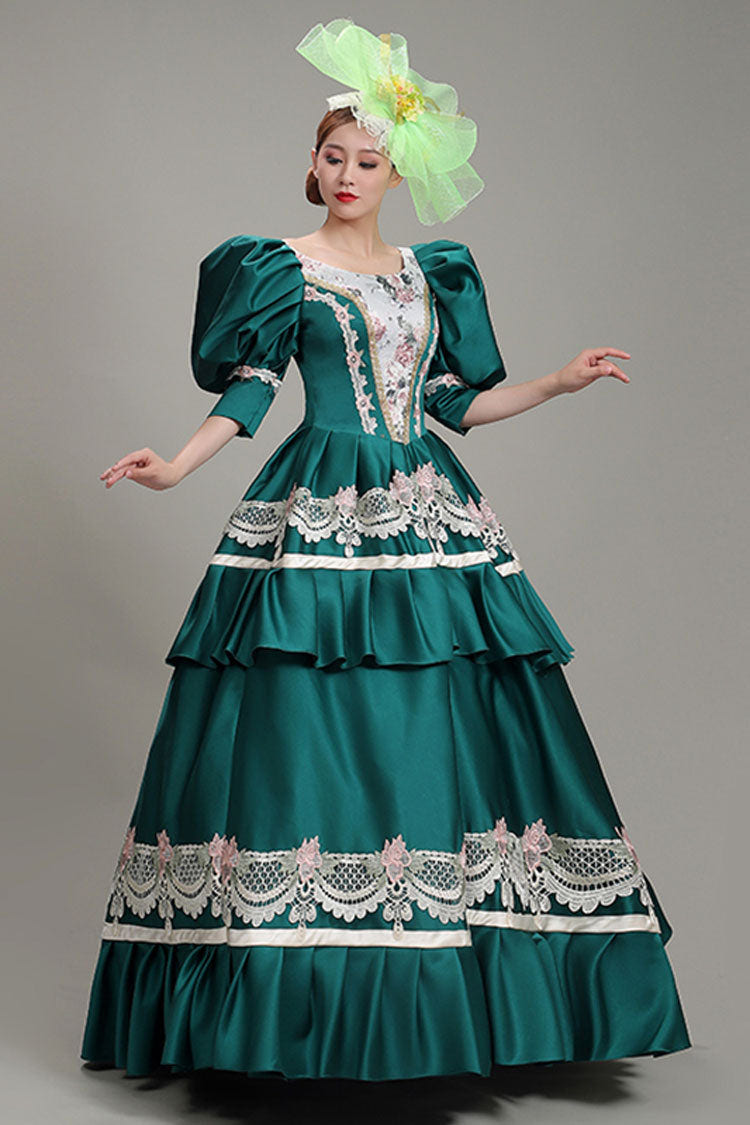Green Lantern Sleeves High Waisted Lace Stitching Hollow Embroidery Print Victorian Lolita Tiered Dress - Product - 2