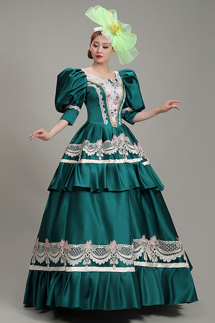 Green Lantern Sleeves High Waisted Lace Stitching Hollow Embroidery Print Victorian Lolita Tiered Dress - Product - 2