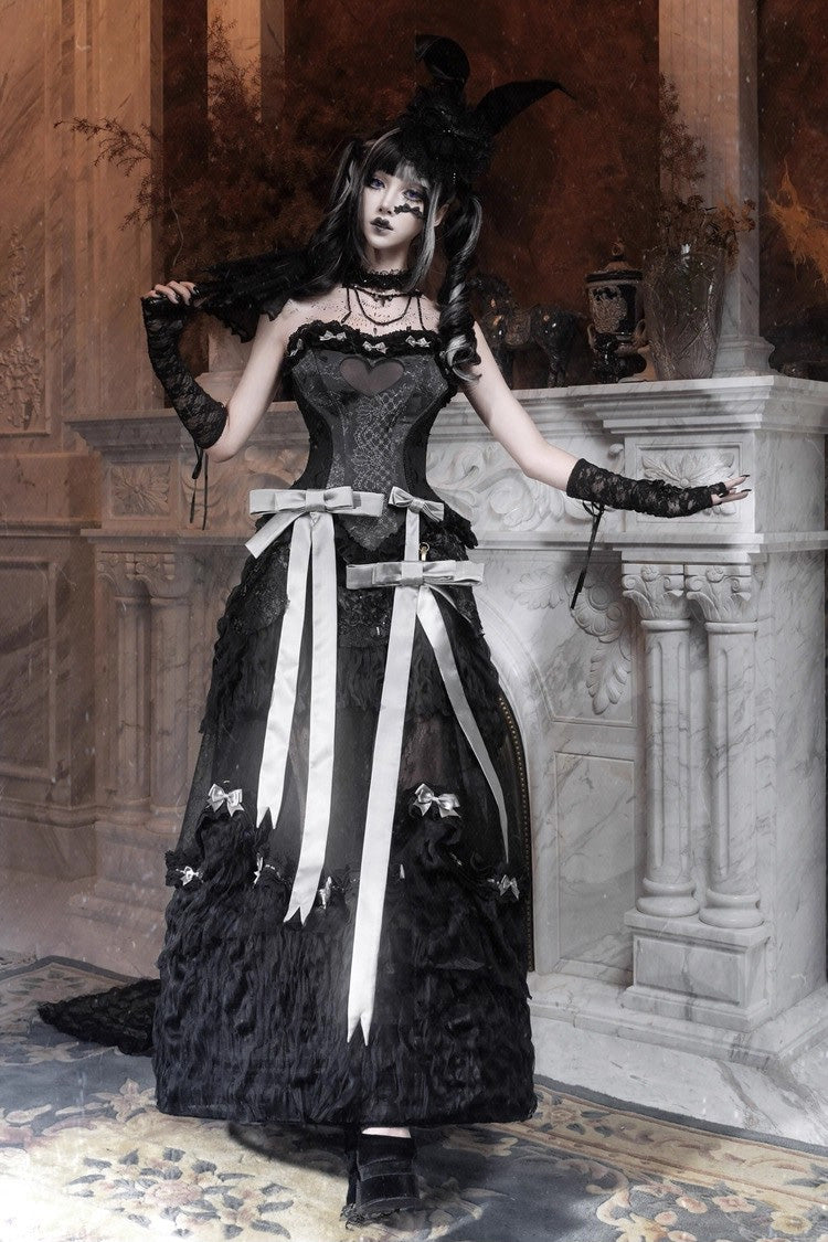 Black [Cupid’s Magic Box] Basel French Ruffle Embroidery Bowknot Lace Gothic Elegant Lolita Long Skirt - Product - 8