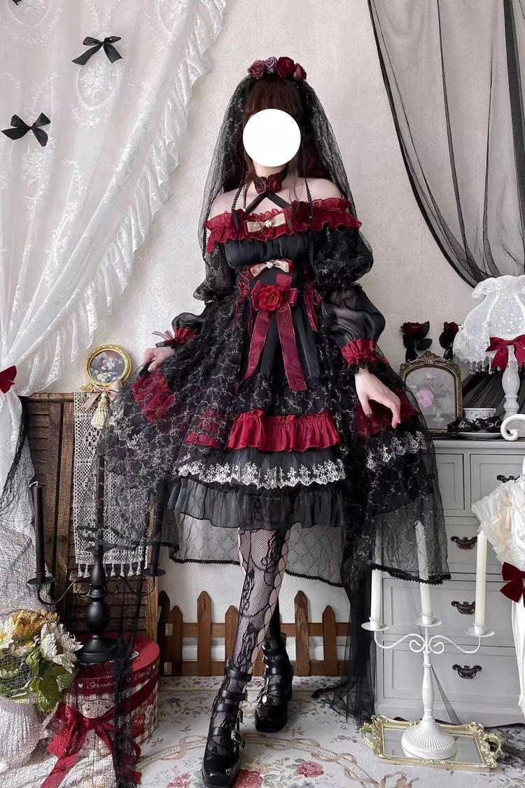 Black/Red [Perlia’s Night] Long Puff Sleeves Ruffled Open-Front Bow Lace Gothic Lolita Dress - Product - 6