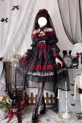 Black/Red [Perlia’s Night] Long Puff Sleeves Ruffled Open-Front Bow Lace Gothic Lolita Dress - Product - 6