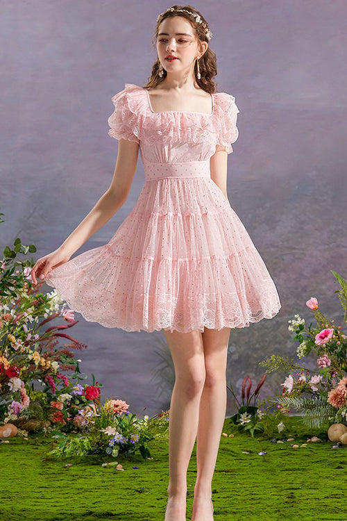 Pink Vintage Square Collar Ruffled Princess Short Sleeve Dot Print High Waisted Mesh Sweet Lolita Dress - Product - 2