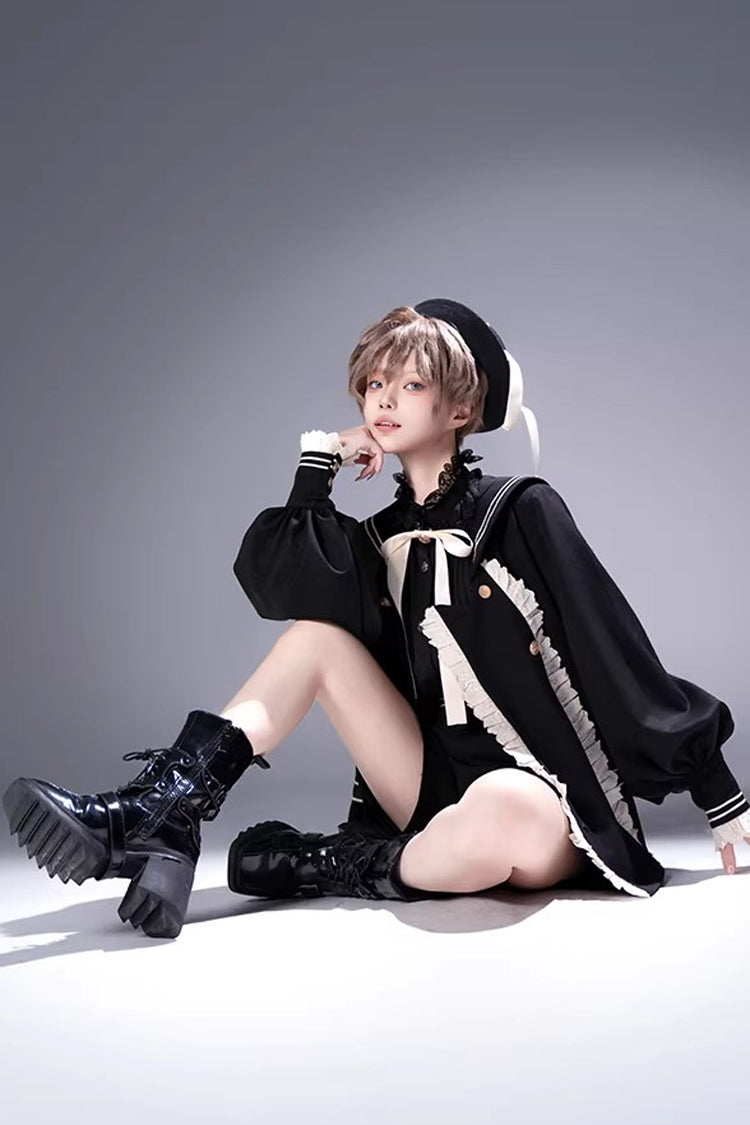 Black [City of Mist] Navy Collar Long Sleeves Gothic College Style Prince Ouji Lolita Shorts Coat Set - Product - 10