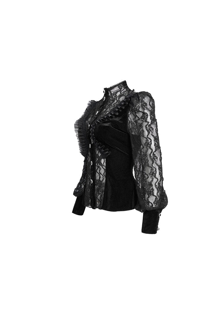 Black Velvet High Neck Lace Fake Bra Design Splicing Three-Dimensional Butterfly Mesh Women's Gothic Shirt - Product - 9