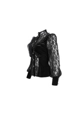 Black Velvet High Neck Lace Fake Bra Design Splicing Three-Dimensional Butterfly Mesh Women's Gothic Shirt - Product - 9