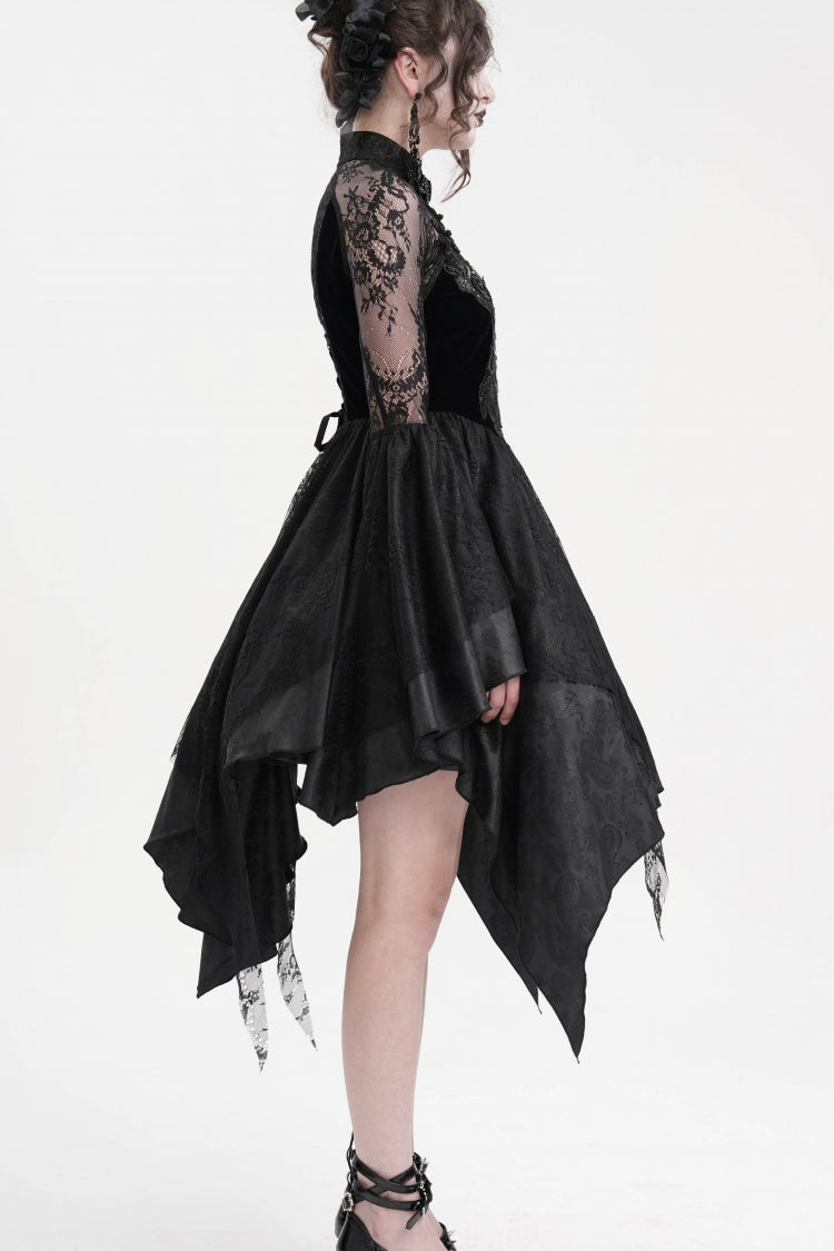 Black Long Sleeves Embroidery Lace Lace-Up Irregular Sheer Mesh Women's Gothic Dress - Product - 5