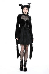 Black Long Trumpet Sleeves Spliced Lace-Up Spider Mesh Women's Gothic Velvet Wedding Dress - Product - 8