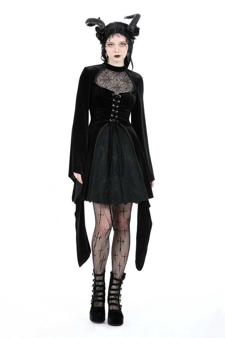 Black Long Trumpet Sleeves Spliced Lace-Up Spider Mesh Women's Gothic Velvet Wedding Dress - Product - 8