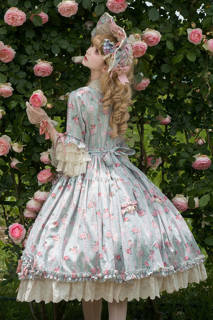 Green [Lilica Garden] Lapel Collar Short Trumpet Sleeves Flower Wall Printed Ruffled Open-Front Bow Lace Sweet Elegant Luxurious Lolita Dress - Product - 6