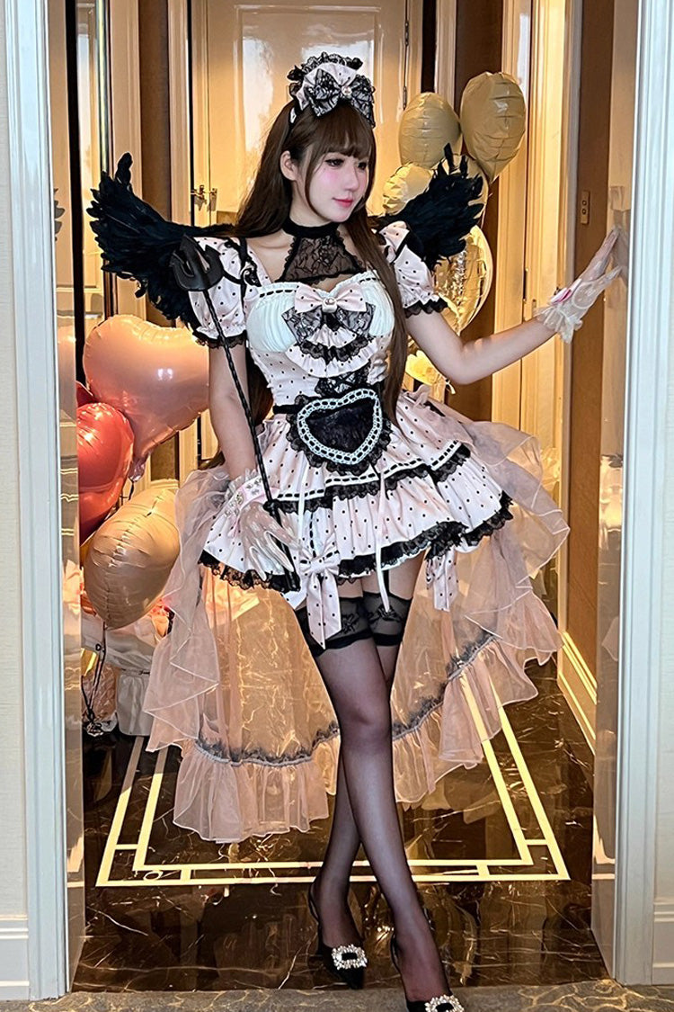 Pink [Apprentice Cupid] Halterneck Short Sleeves Print Ruffle Bowknot Lace Maid Sweet Lolita Dress - Product - 4