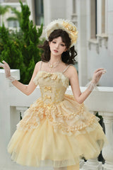 Yellow [Sissi's Pilgrimage] Off Shoulder Ruffle Bowknot Lace Sweet Lolita Skirt (Short Version) - Product - 3